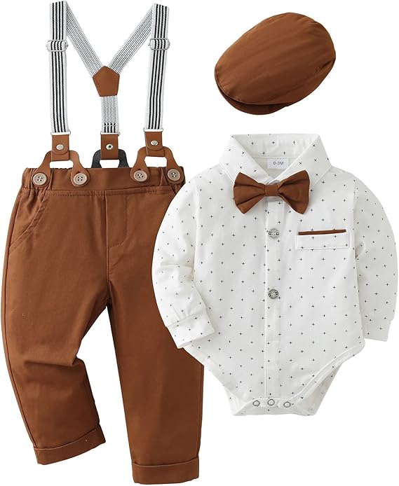 Baby Boy Gentleman Clothes Suit 0-18 Months Infant Formal Long Sleeve Tuxedo Romper Jumpsuit + Suspender Pants + Beret Hat 3pcs - Image 13