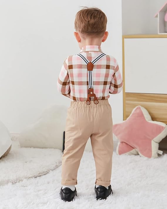 Baby Boy Gentleman Clothes Suit 0-18 Months Infant Formal Long Sleeve Tuxedo Romper Jumpsuit + Suspender Pants + Beret Hat 3pcs - Image 12