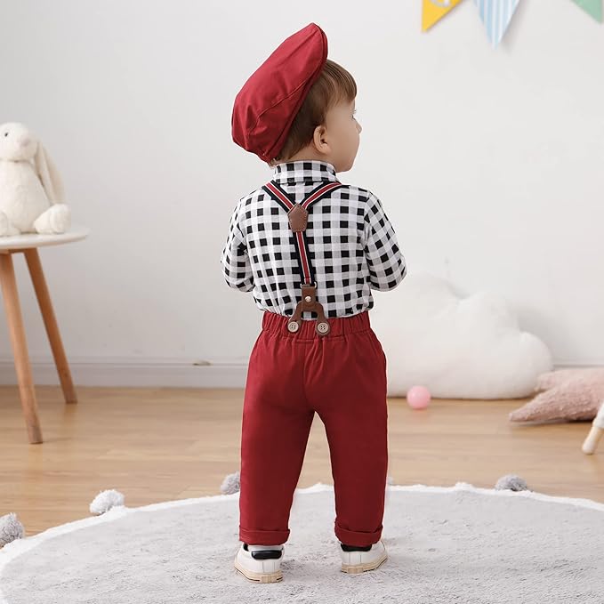 Baby Boy Gentleman Clothes Suit 0-18 Months Infant Formal Long Sleeve Tuxedo Romper Jumpsuit + Suspender Pants + Beret Hat 3pcs - Image 6