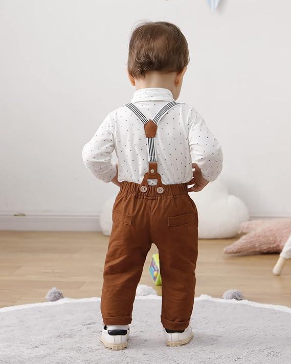 Baby Boy Gentleman Clothes Suit 0-18 Months Infant Formal Long Sleeve Tuxedo Romper Jumpsuit + Suspender Pants + Beret Hat 3pcs - Image 17