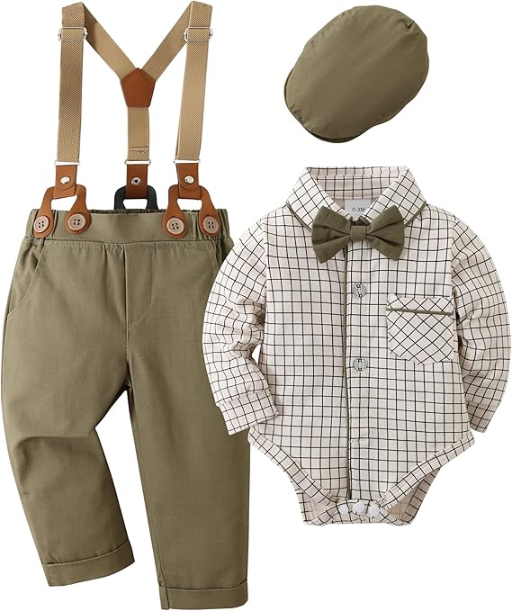 Baby Boy Gentleman Clothes Suit 0-18 Months Infant Formal Long Sleeve Tuxedo Romper Jumpsuit + Suspender Pants + Beret Hat 3pcs - Image 21
