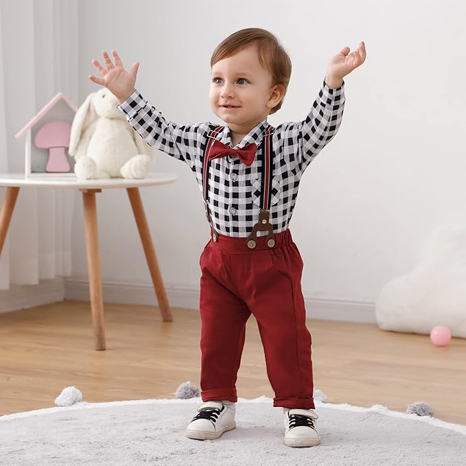 Baby Boy Gentleman Clothes Suit 0-18 Months Infant Formal Long Sleeve Tuxedo Romper Jumpsuit + Suspender Pants + Beret Hat 3pcs - Image 7