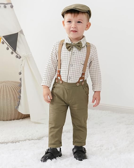 Baby Boy Gentleman Clothes Suit 0-18 Months Infant Formal Long Sleeve Tuxedo Romper Jumpsuit + Suspender Pants + Beret Hat 3pcs - Image 24
