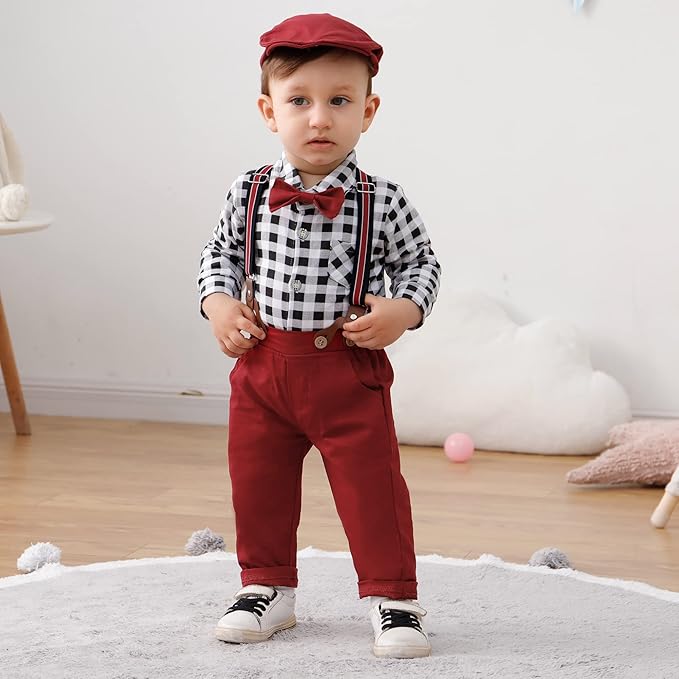 Baby Boy Gentleman Clothes Suit 0-18 Months Infant Formal Long Sleeve Tuxedo Romper Jumpsuit + Suspender Pants + Beret Hat 3pcs - Image 2