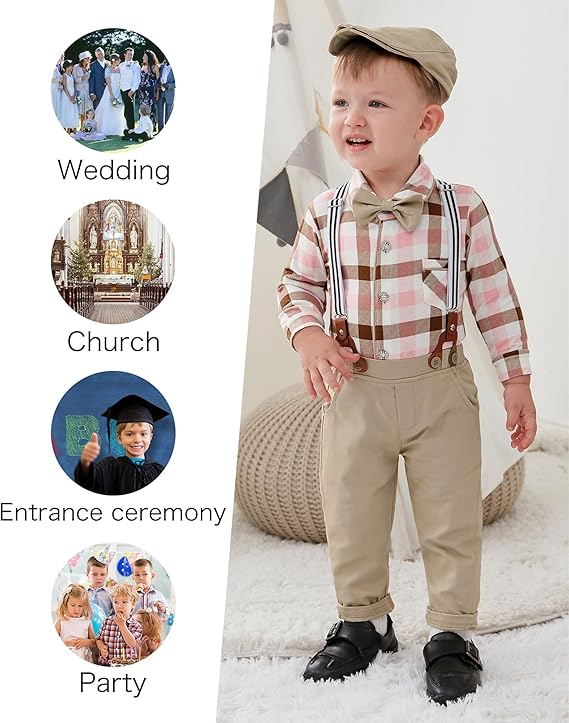 Baby Boy Gentleman Clothes Suit 0-18 Months Infant Formal Long Sleeve Tuxedo Romper Jumpsuit + Suspender Pants + Beret Hat 3pcs - Image 9