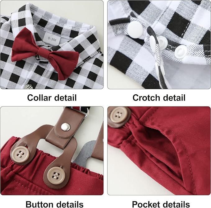 Baby Boy Gentleman Clothes Suit 0-18 Months Infant Formal Long Sleeve Tuxedo Romper Jumpsuit + Suspender Pants + Beret Hat 3pcs - Image 5
