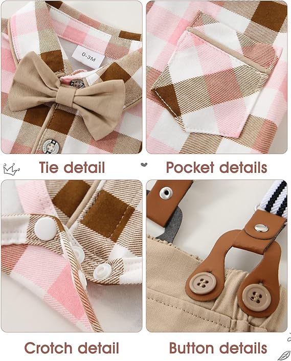 Baby Boy Gentleman Clothes Suit 0-18 Months Infant Formal Long Sleeve Tuxedo Romper Jumpsuit + Suspender Pants + Beret Hat 3pcs - Image 10