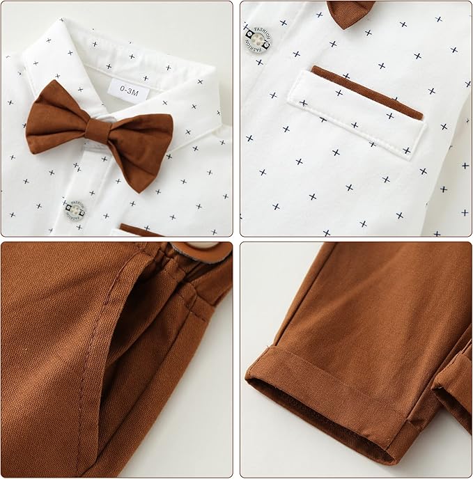 Baby Boy Gentleman Clothes Suit 0-18 Months Infant Formal Long Sleeve Tuxedo Romper Jumpsuit + Suspender Pants + Beret Hat 3pcs - Image 15