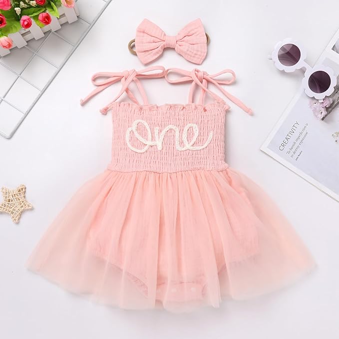 Baby Girls 1st Birthday Outfit Spaghetti Straps Smocked One Embroidered Tulle Romper Dress + Headband Cake Smash Photo Shoot - Image 6