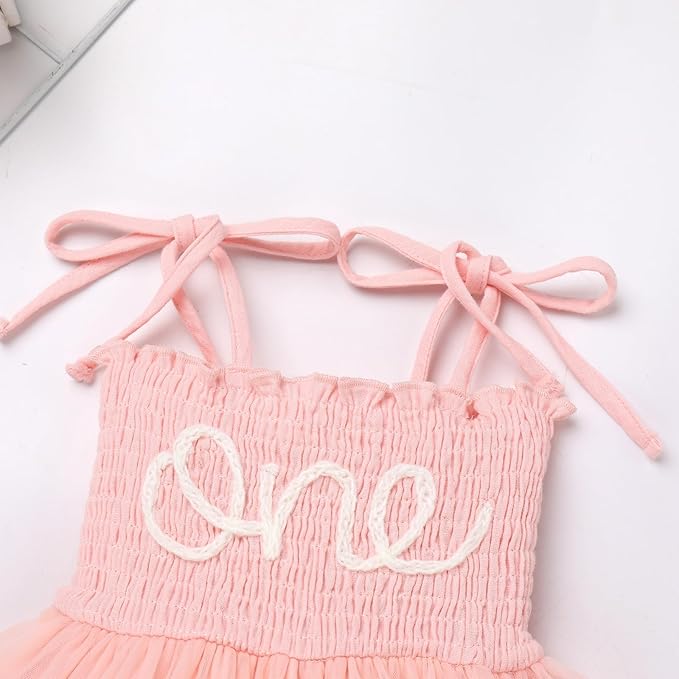 Baby Girls 1st Birthday Outfit Spaghetti Straps Smocked One Embroidered Tulle Romper Dress + Headband Cake Smash Photo Shoot - Image 5