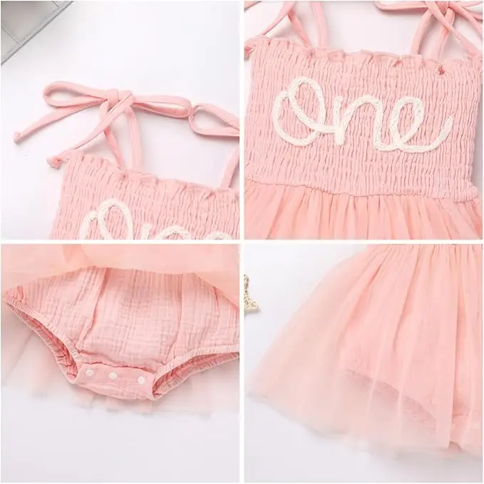 Baby Girls 1st Birthday Outfit Spaghetti Straps Smocked One Embroidered Tulle Romper Dress + Headband Cake Smash Photo Shoot - Image 4