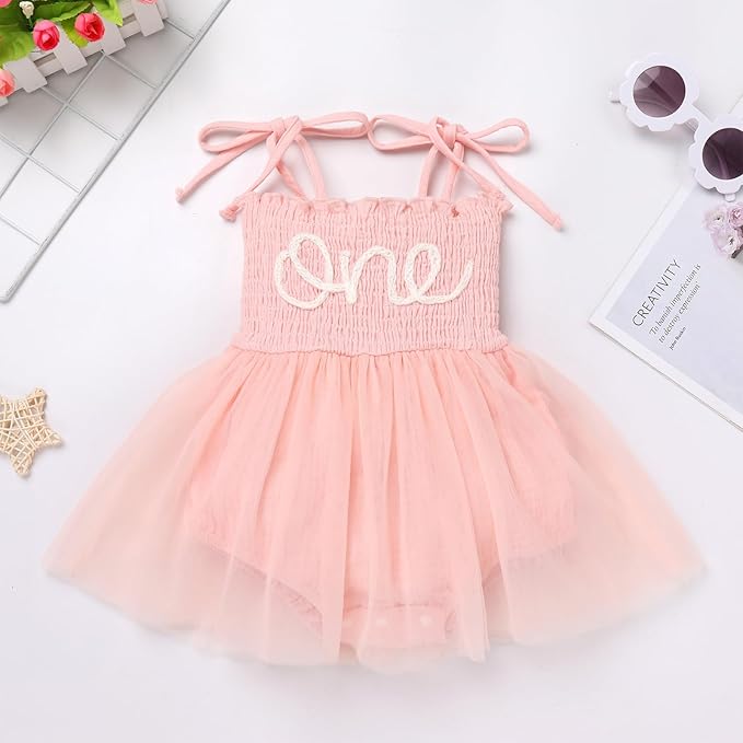Baby Girls 1st Birthday Outfit Spaghetti Straps Smocked One Embroidered Tulle Romper Dress + Headband Cake Smash Photo Shoot - Image 3