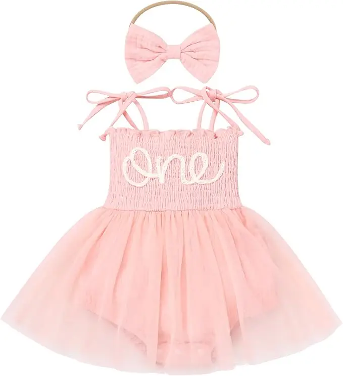 Baby Girls 1st Birthday Outfit Spaghetti Straps Smocked One Embroidered Tulle Romper Dress + Headband Cake Smash Photo Shoot
