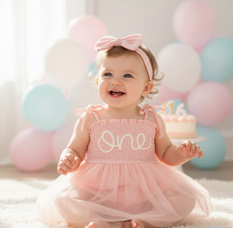 Baby Girls 1st Birthday Outfit Spaghetti Straps Smocked One Embroidered Tulle Romper Dress + Headband Cake Smash Photo Shoot - Image 2
