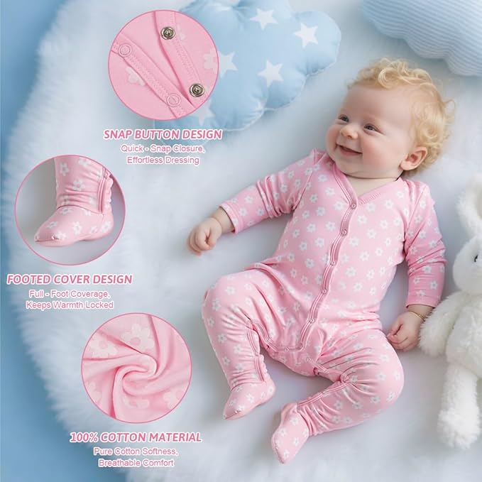 Unisex Newborn Baby Growone-Piece, 3Pcs Snap Buttons Baby Sleepsuits, 100% Cotton Rompers Long Sleeve Boys Girls, Soft & Airy, Footless Babies Grows Sleepsuits for 0-3M/3-6M/6-9M/9-12M - Image 6