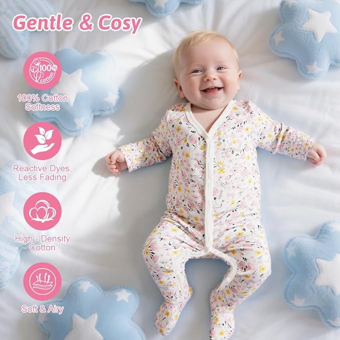 Unisex Newborn Baby Growone-Piece, 3Pcs Snap Buttons Baby Sleepsuits, 100% Cotton Rompers Long Sleeve Boys Girls, Soft & Airy, Footless Babies Grows Sleepsuits for 0-3M/3-6M/6-9M/9-12M - Image 4