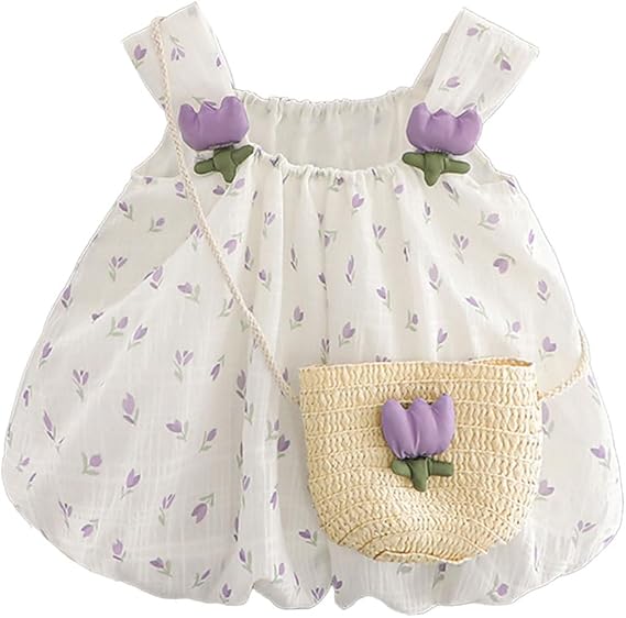 Toddler Baby Girl Summer Tulip Princess Dress, Sleeveless Floral Print Puffy Suspenders Dresses with Elasticized Neck + Tulip Bag for Beach Birthday Shooting 1-7 Years, Purple