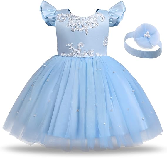 Baby Girl Dress Toddler Flower Party Princess Dress (Blue)