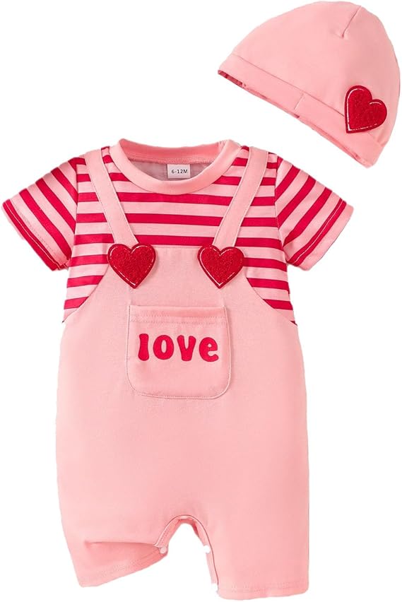 2026 Valentines Day Infant Boys Girls Short Sleeve Romper Striped Heart Print Jumpsuit Hat Set