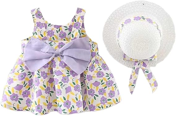 Generisch 2026 Girls Dress with Bow Sleeveless Strappy Dress Casual Preschool Girl Party Floral Dress Comes with Hat