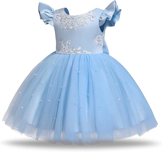 Baby Girl Dress Toddler Flower Party Princess Dress (Blue) - Image 5