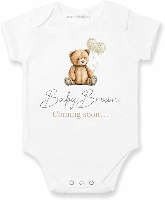 allaboutthebump Brown Teddy Bear Coming Soon... | Baby Announcement Vest Bodysuit (Pregnancy Reveal) - Optional Gift Wrapped with Box
