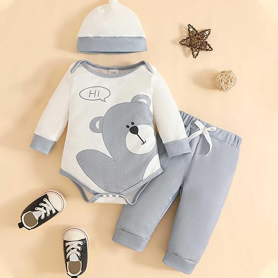Jogging Suit Sets Newborn Baby Boy Outfit Long Sleeve Cartoon Bear Print Romper Jumpsuit Trousers Hat Autumn Winter Clothing (Grey, 0-3 Months) - Image 4