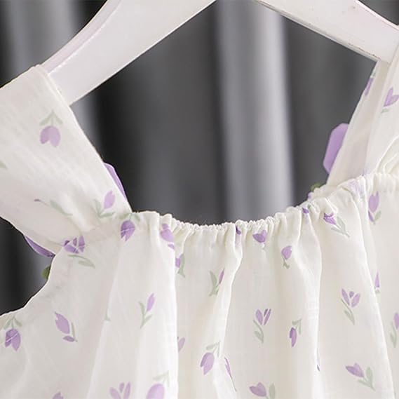 Toddler Baby Girl Summer Tulip Princess Dress, Sleeveless Floral Print Puffy Suspenders Dresses with Elasticized Neck + Tulip Bag for Beach Birthday Shooting 1-7 Years, Purple - Image 6