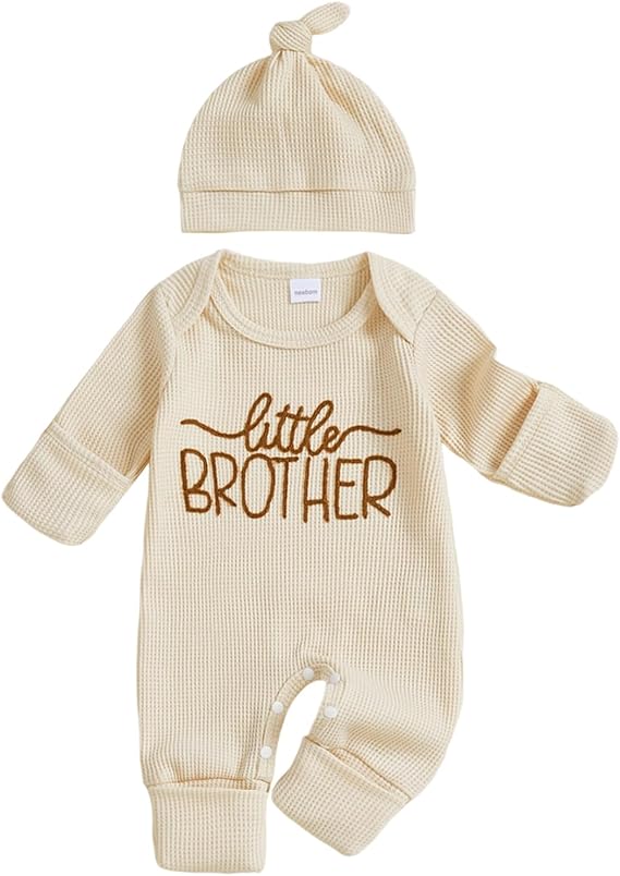 Newborn Little Brother Baby Boy Outfits Long Sleeve Letter Embroidery Crew Neck Romper Jumpsuit Hat Set One Piece Infant Toddler Boy Fall Outfits