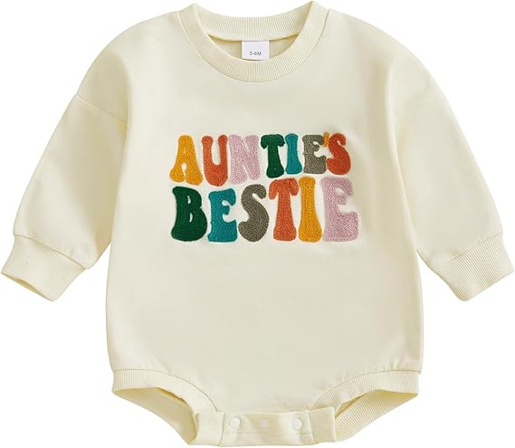 Baby Boy Girl Bodysuit Aunties Bestie Letters Embroidery Long Sleeve Crew Neck Rompers Unisex Newborn Fall Winter Clothes Infant Cute Outfit