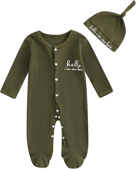 Geagodelia Hello Im New Here Newborn Boys Baby Grow with Mittens and Feet Long Sleeve Ribbed Romper Winter Clothes Coming Home Outfit with Hat - Image 5