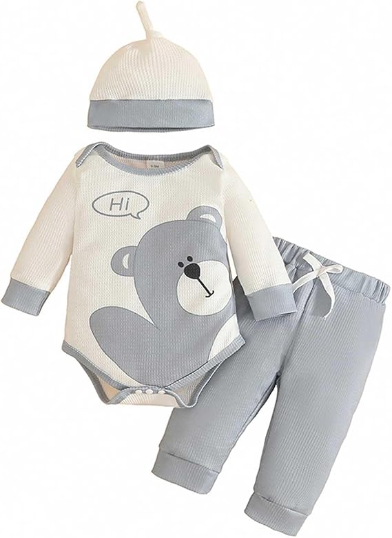 Jogging Suit Sets Newborn Baby Boy Outfit Long Sleeve Cartoon Bear Print Romper Jumpsuit Trousers Hat Autumn Winter Clothing (Grey, 0-3 Months)