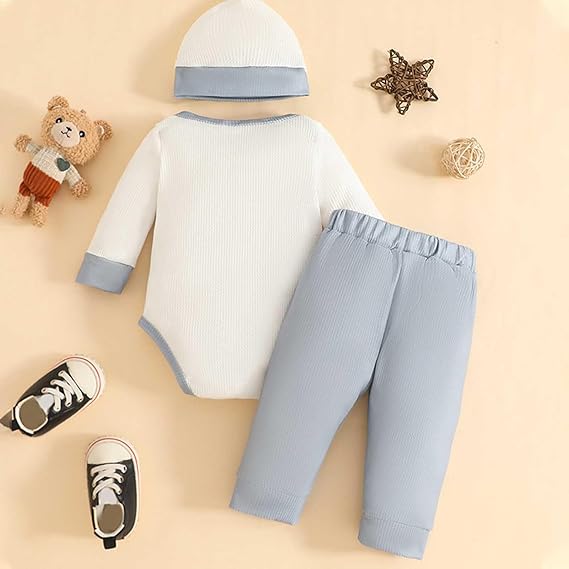 Jogging Suit Sets Newborn Baby Boy Outfit Long Sleeve Cartoon Bear Print Romper Jumpsuit Trousers Hat Autumn Winter Clothing (Grey, 0-3 Months) - Image 3