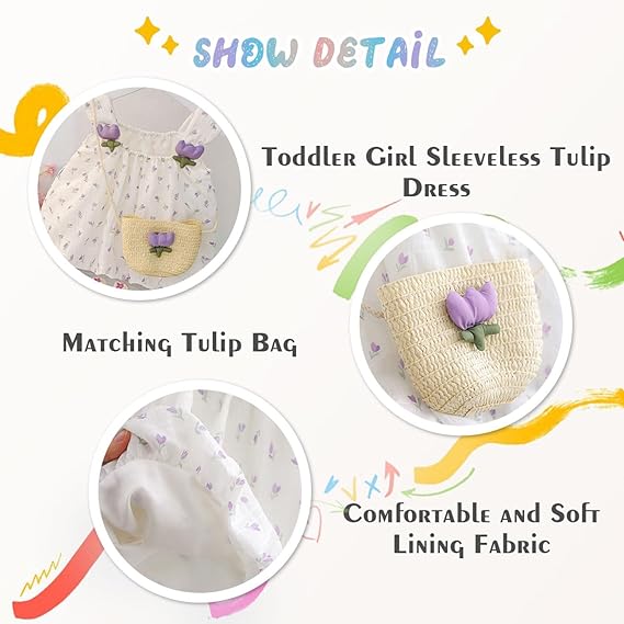 Toddler Baby Girl Summer Tulip Princess Dress, Sleeveless Floral Print Puffy Suspenders Dresses with Elasticized Neck + Tulip Bag for Beach Birthday Shooting 1-7 Years, Purple - Image 4