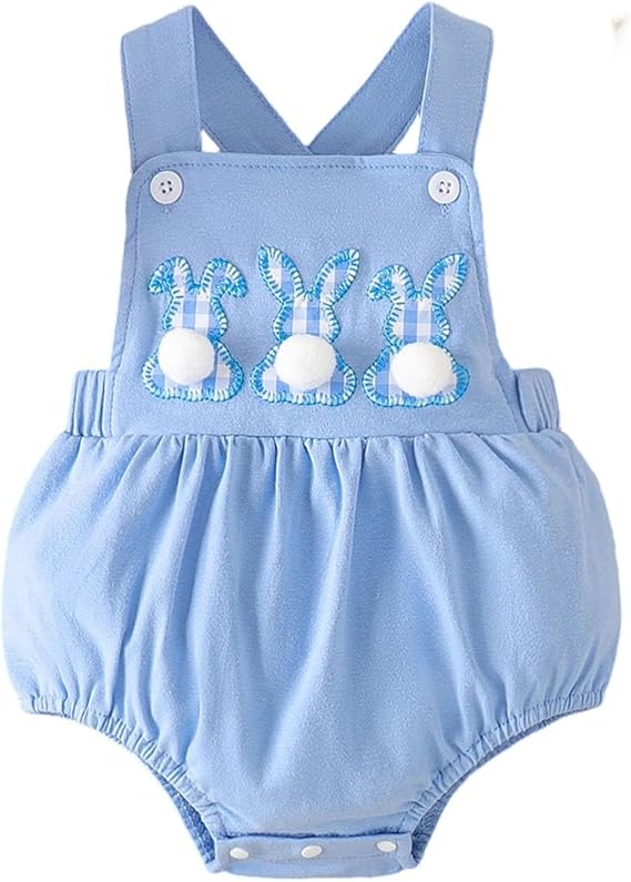 2026 Summer Baby Bodysuit with Rabbit Embroidery and Straps for Girls - Easter Romper Soft and Comfortable with Cute Bib Neckline