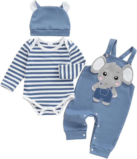 Infant Baby Boy Outfit Newborn Autumn Clothes Long Sleeve Striped Romper Tops Animal Embroidery Suspenders Dungarees Hat Cartoon Overall Set