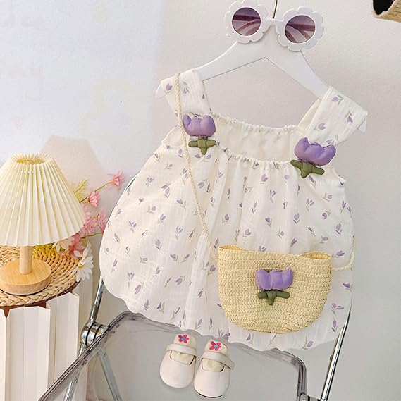 Toddler Baby Girl Summer Tulip Princess Dress, Sleeveless Floral Print Puffy Suspenders Dresses with Elasticized Neck + Tulip Bag for Beach Birthday Shooting 1-7 Years, Purple - Image 5