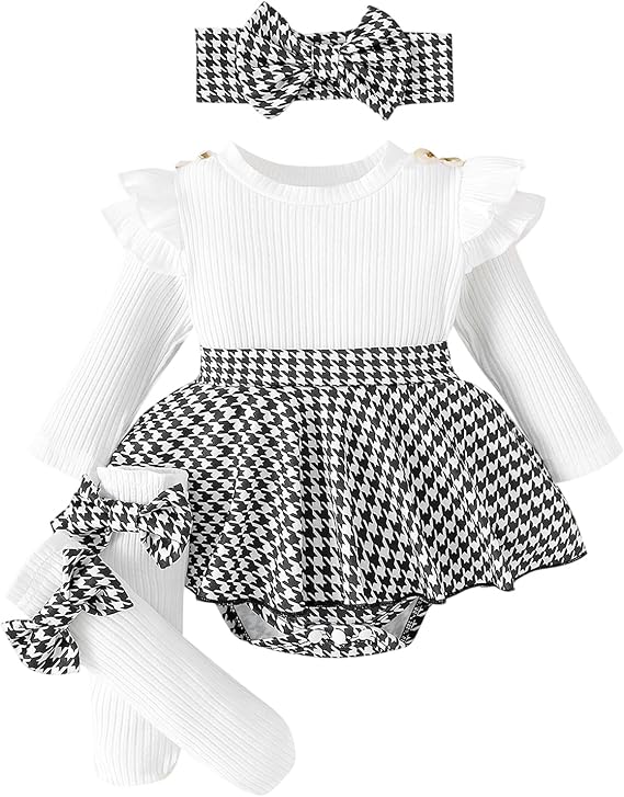Baby Girl Spring Fall Outfits Long Sleeve Houndstooth Print Romper Dress with Headband and Long Socks Set 3Pcs Newborn Girls Romper Set