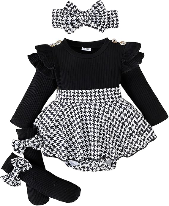 Baby Girl Spring Fall Outfits Long Sleeve Houndstooth Print Romper Dress with Headband and Long Socks Set 3Pcs Newborn Girls Romper Set - Image 3