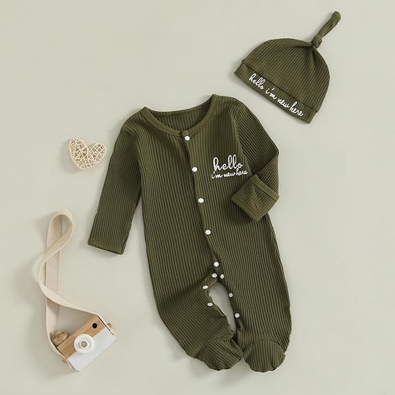 Geagodelia Hello Im New Here Newborn Boys Baby Grow with Mittens and Feet Long Sleeve Ribbed Romper Winter Clothes Coming Home Outfit with Hat - Image 6