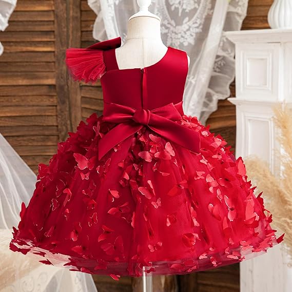 Baby Girl Dress Toddler Flower Party Princess Dress (Red) - Image 5