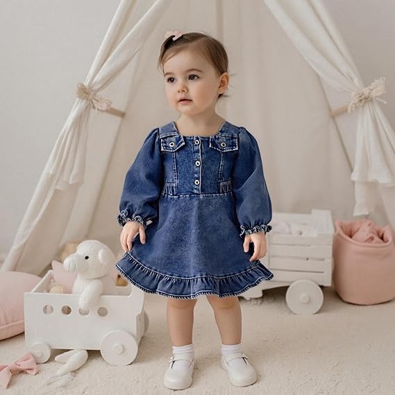 Geagodelia Toddler Baby Girl Denim Dress Little Girls Button Down A-Line Skirt Long Puff Sleeve Ruffle Puffy Hem Pageant Baptism Wedding Evening Birthday Party Princess Dress - Image 7