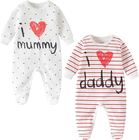 Unisex Baby Sleepsuits 2 Pack – I Love Mummy & Daddy Cotton Footed Rompers – Newborn to 24 Months Baby Bodysuits for Boys and Girls