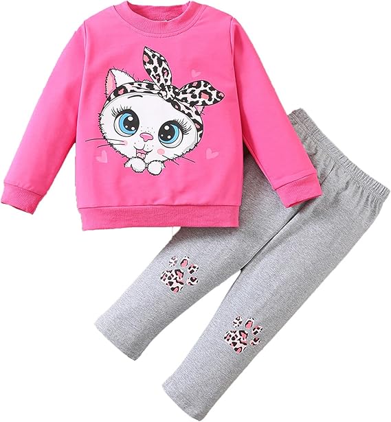 Generisch Toddler Kids Baby Girls Long Sleeve Cute Cartoon Animal Tops Blouse Leopard Print Trousers Outfits Set 2 Pieces Clothing Newborn Clothing Boy