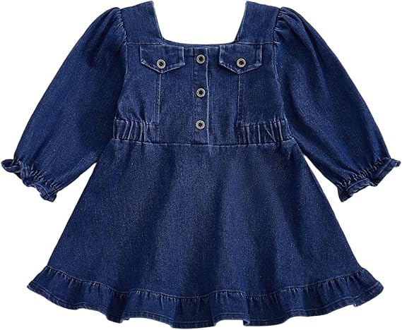 Geagodelia Toddler Baby Girl Denim Dress Little Girls Button Down A-Line Skirt Long Puff Sleeve Ruffle Puffy Hem Pageant Baptism Wedding Evening Birthday Party Princess Dress