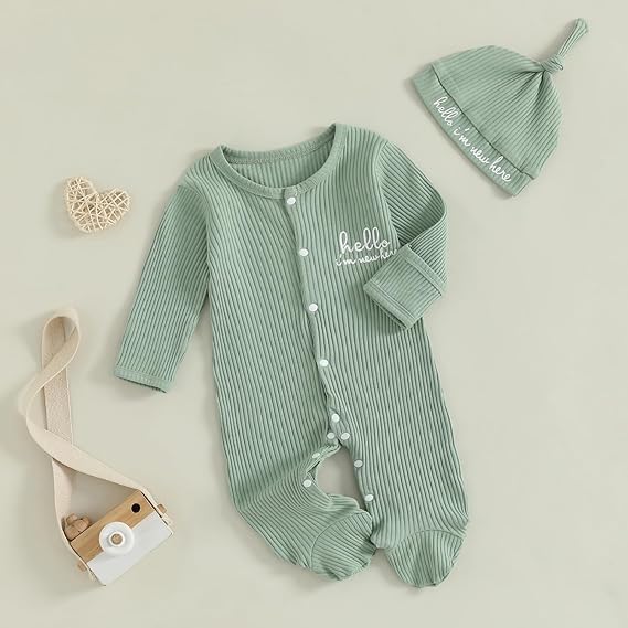 Geagodelia Hello Im New Here Newborn Boys Baby Grow with Mittens and Feet Long Sleeve Ribbed Romper Winter Clothes Coming Home Outfit with Hat - Image 4