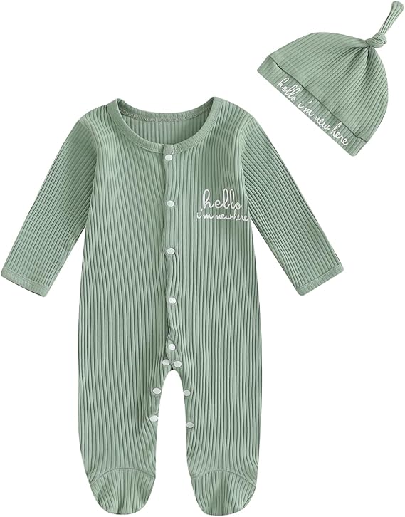 Geagodelia Hello Im New Here Newborn Boys Baby Grow with Mittens and Feet Long Sleeve Ribbed Romper Winter Clothes Coming Home Outfit with Hat - Image 3