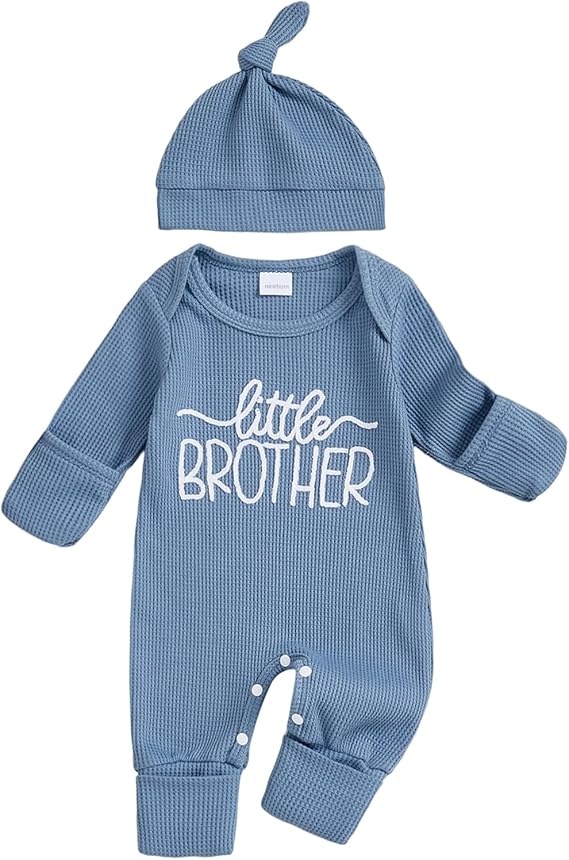 Newborn Little Brother Baby Boy Outfits Long Sleeve Letter Embroidery Crew Neck Romper Jumpsuit Hat Set One Piece Infant Toddler Boy Fall Outfits - Image 3