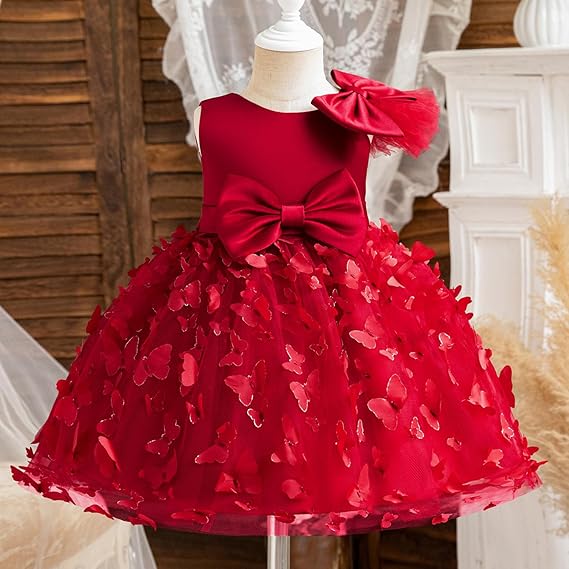 Baby Girl Dress Toddler Flower Party Princess Dress (Red)