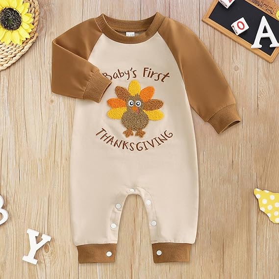 Generisch Baby Boys Thanksgiving Romper Jumpsuit Long Sleeve Bodysuit with Embroidered Turkey Design Cute Baby Crawling Outfit Holiday Photo Shoot